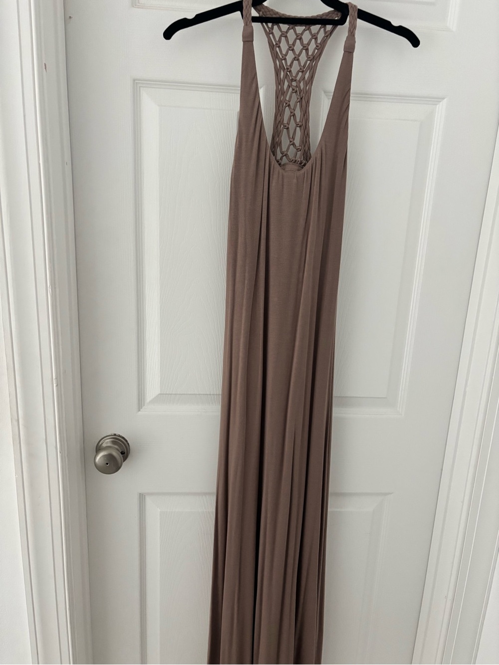 Sky Taupe Macramé Racerback Maxi Dress